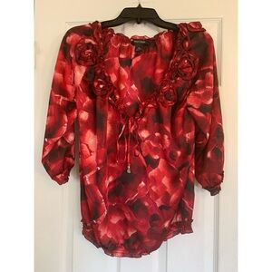 Red Floral Women's Top White House Black Market 3/4 Sleeves